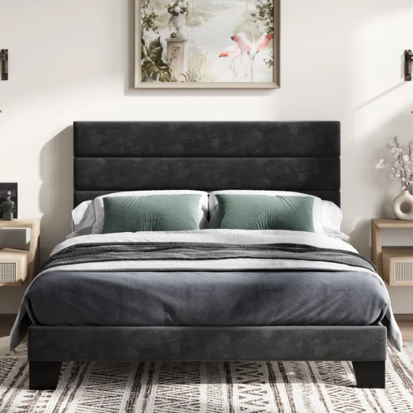 Black velvet upholstered queen platform bed with tufted headboard and slatted base, no box spring required

