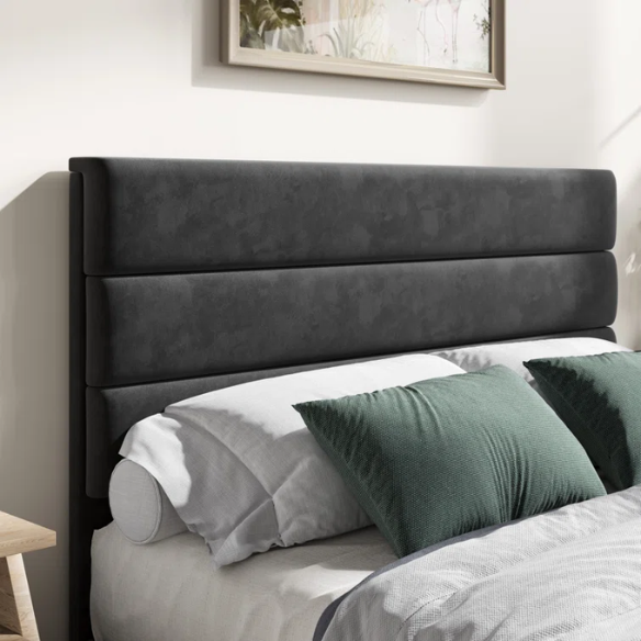 Black velvet upholstered queen platform bed with tufted headboard and slatted base, no box spring required

