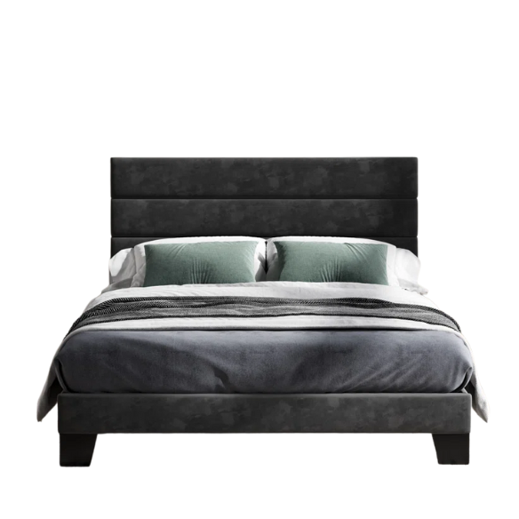 Black velvet upholstered queen platform bed with tufted headboard and slatted base, no box spring required

