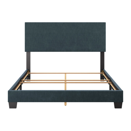Blue polyester upholstered queen panel bed with tall foam-padded rectangular headboard and wood frame