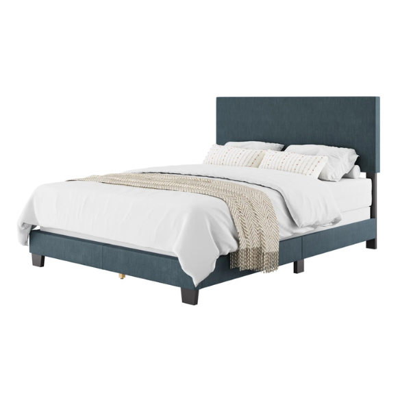 Blue polyester upholstered queen panel bed with tall foam-padded rectangular headboard and wood frame