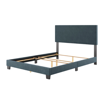 Blue polyester upholstered queen panel bed with tall foam-padded rectangular headboard and wood frame