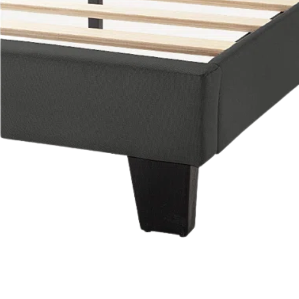 Dark grey upholstered queen platform bed with tufted headboard and wood slat support system
