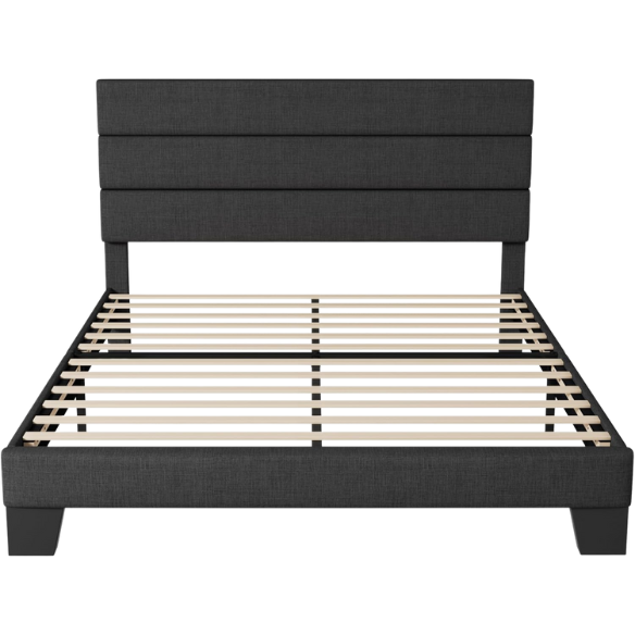 Dark grey upholstered queen platform bed with tufted headboard and wood slat support system