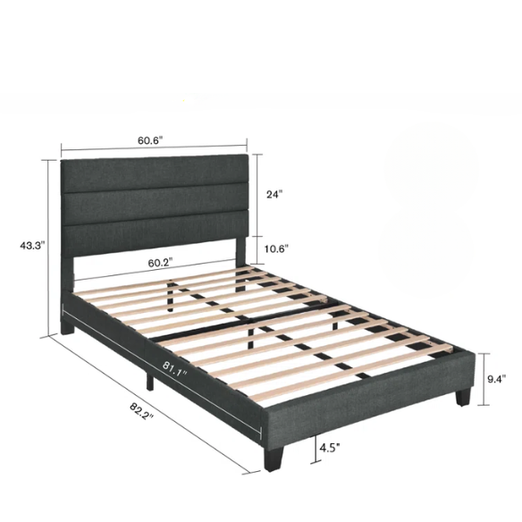 Dark grey upholstered queen platform bed with tufted headboard and wood slat support system