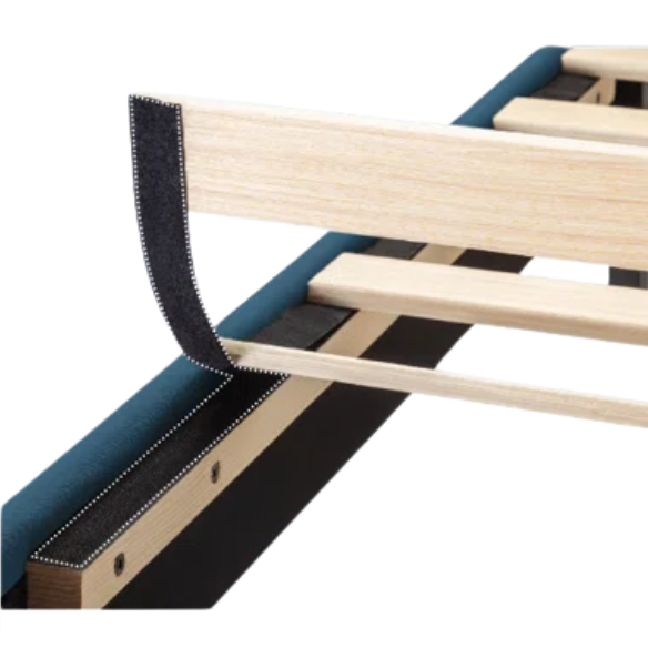 Deep blue upholstered queen platform bed with tufted headboard and slatted wood base, no box spring needed