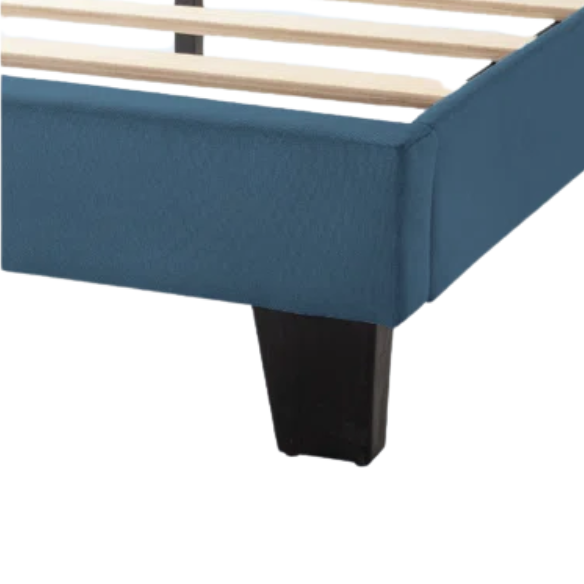Deep blue upholstered queen platform bed with tufted headboard and slatted wood base, no box spring needed