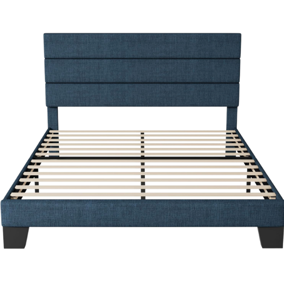 Deep blue upholstered queen platform bed with tufted headboard and slatted wood base, no box spring needed