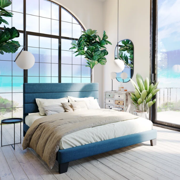 Deep blue upholstered queen platform bed with tufted headboard and slatted wood base, no box spring needed