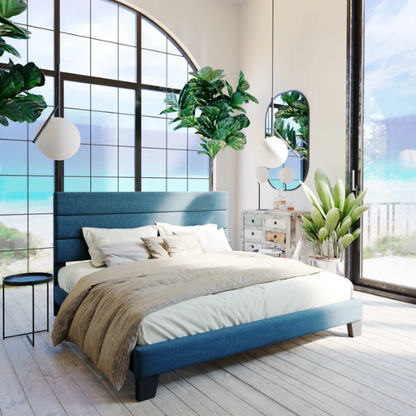 Deep blue upholstered queen platform bed with tufted headboard and slatted wood base, no box spring needed