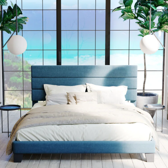 Deep blue upholstered queen platform bed with tufted headboard and slatted wood base, no box spring needed