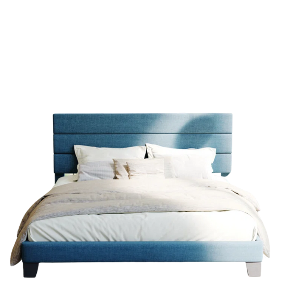 Deep blue upholstered queen platform bed with tufted headboard and slatted wood base, no box spring needed