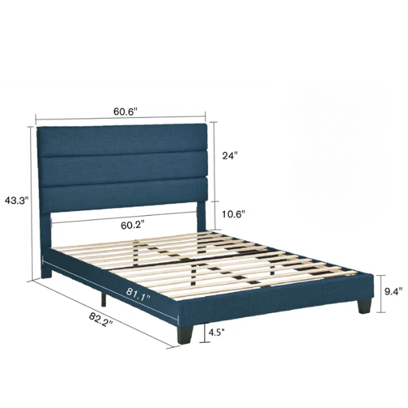 Deep blue upholstered queen platform bed with tufted headboard and slatted wood base, no box spring needed