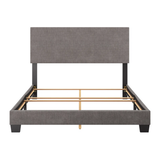 Grey polyester upholstered queen panel bed with tall foam-padded rectangular headboard and wood frame, box spring required
