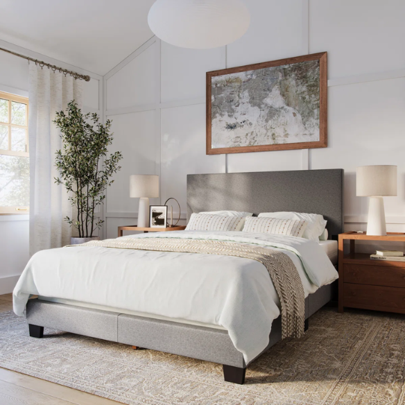 Grey polyester upholstered queen panel bed with tall foam-padded rectangular headboard and wood frame, box spring required