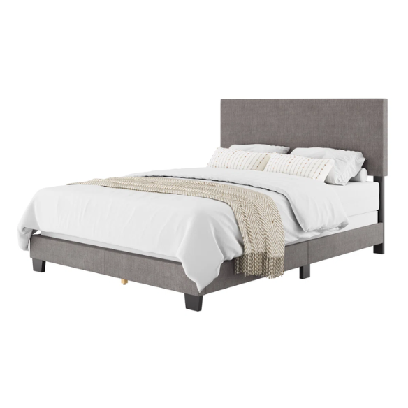 Grey polyester upholstered queen panel bed with tall foam-padded rectangular headboard and wood frame, box spring required