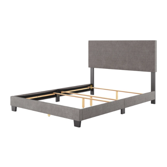 Grey polyester upholstered queen panel bed with tall foam-padded rectangular headboard and wood frame, box spring required
