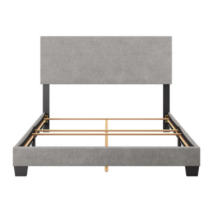 Light grey polyester upholstered queen panel bed with foam-padded headboard and wood frame, box spring required