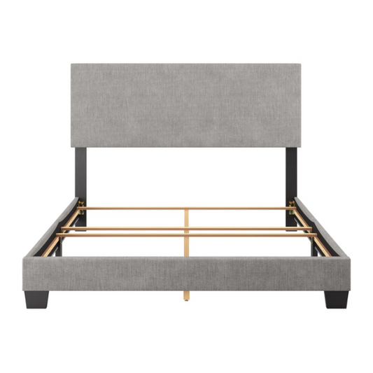 Light grey polyester upholstered queen panel bed with foam-padded headboard and wood frame, box spring required