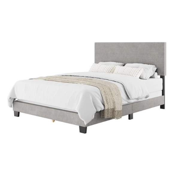 Light grey polyester upholstered queen panel bed with foam-padded headboard and wood frame, box spring required