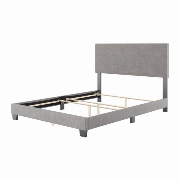 Light grey polyester upholstered queen panel bed with foam-padded headboard and wood frame, box spring required