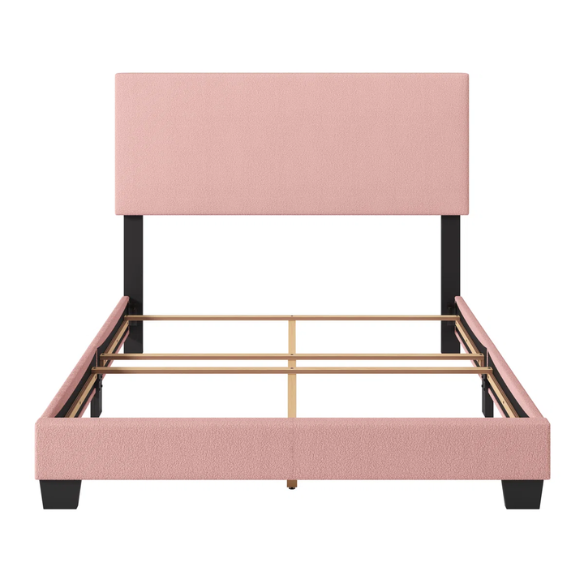 Pink bouclé upholstered queen panel bed with tall foam-padded rectangular headboard and wood frame, box spring required