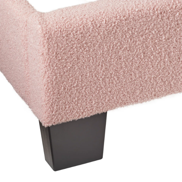 Pink bouclé upholstered queen panel bed with tall foam-padded rectangular headboard and wood frame, box spring required