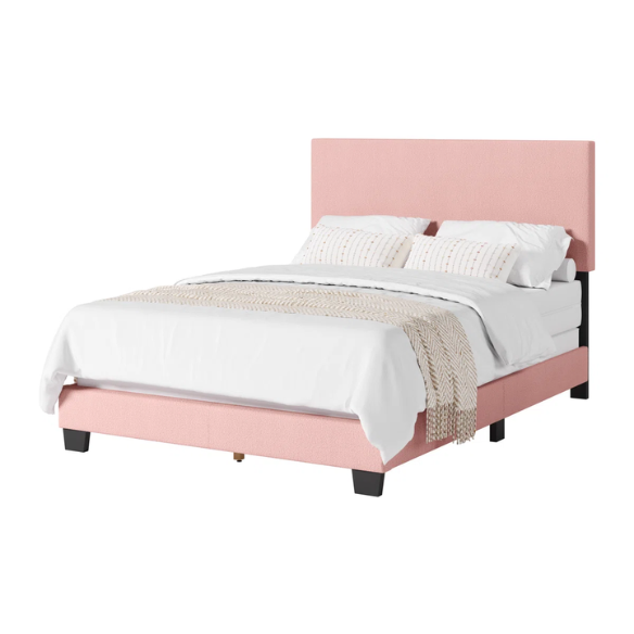 Pink bouclé upholstered queen panel bed with tall foam-padded rectangular headboard and wood frame, box spring required
