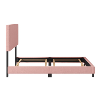 Pink bouclé upholstered queen panel bed with tall foam-padded rectangular headboard and wood frame, box spring required