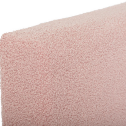 Pink bouclé upholstered queen panel bed with tall foam-padded rectangular headboard and wood frame, box spring required