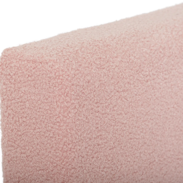 Pink bouclé upholstered queen panel bed with tall foam-padded rectangular headboard and wood frame, box spring required