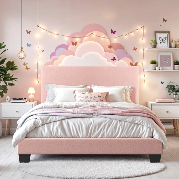 Pink bouclé upholstered queen panel bed with tall foam-padded rectangular headboard and wood frame, box spring required