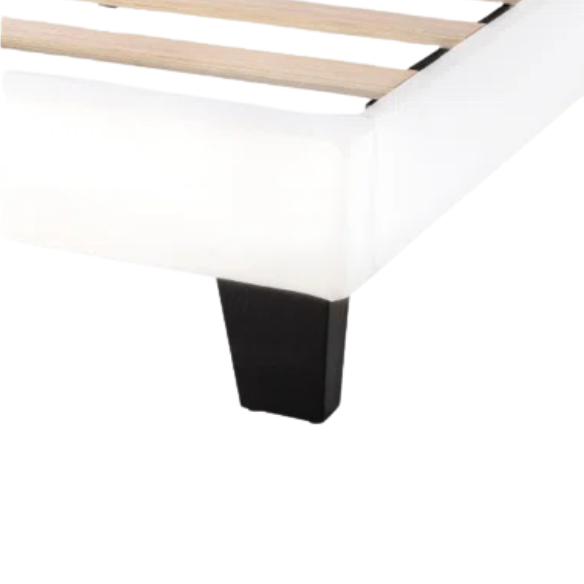 White upholstered queen platform bed with tufted headboard and wood slat base, no box spring required