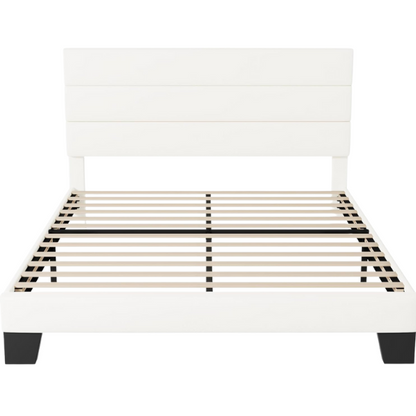 White upholstered queen platform bed with tufted headboard and wood slat base, no box spring required