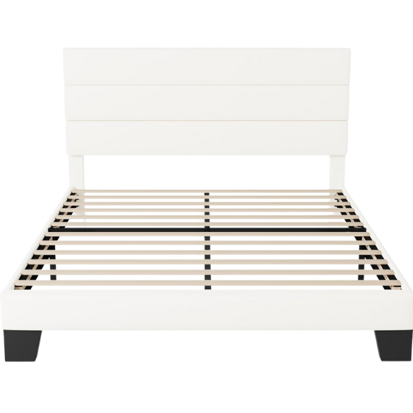 White upholstered queen platform bed with tufted headboard and wood slat base, no box spring required