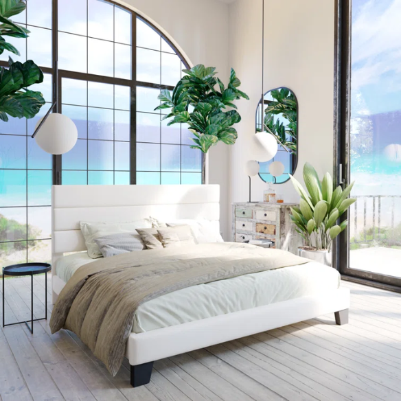 White upholstered queen platform bed with tufted headboard and wood slat base, no box spring required