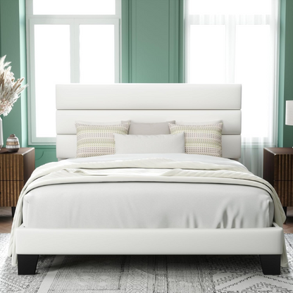 White upholstered queen platform bed with tufted headboard and wood slat base, no box spring required
