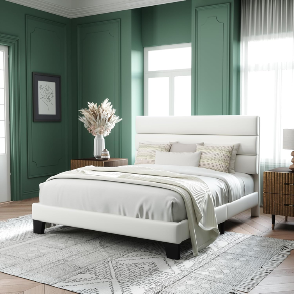 White upholstered queen platform bed with tufted headboard and wood slat base, no box spring required