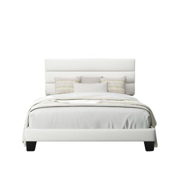 White upholstered queen platform bed with tufted headboard and wood slat base, no box spring required