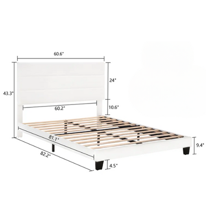 White upholstered queen platform bed with tufted headboard and wood slat base, no box spring required