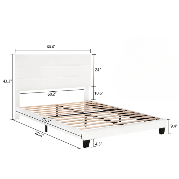 White upholstered queen platform bed with tufted headboard and wood slat base, no box spring required