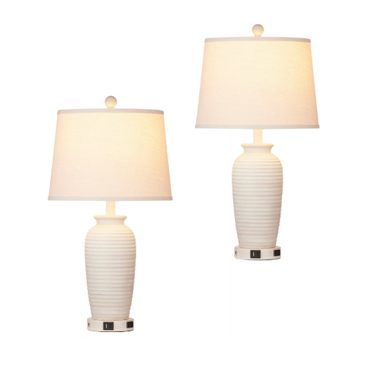 Set of two beige clay pot-style table lamps with white drum fabric shades, featuring touch control dimming, USB, Type-C, and AC charging ports

