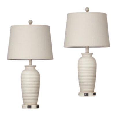 Set of two beige clay pot-style table lamps with white drum fabric shades, featuring touch control dimming, USB, Type-C, and AC charging ports

