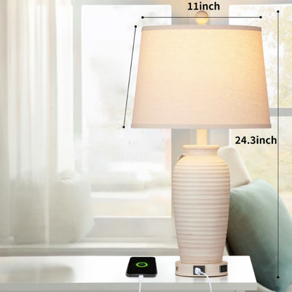 Set of two beige clay pot-style table lamps with white drum fabric shades, featuring touch control dimming, USB, Type-C, and AC charging ports

