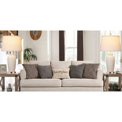 Set of two beige clay pot-style table lamps with white drum fabric shades, featuring touch control dimming, USB, Type-C, and AC charging ports

