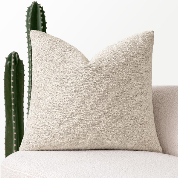 Beige boucle throw pillow cover with soft loop texture, 18x18 inches – modern cozy accent for sofa, bed, or armchair