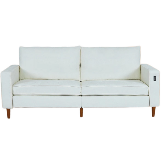 Beige chenille loveseat with tufted back, square arms, wooden legs, USB charging ports, and removable washable cushions—ideal for modern and transitional living spaces


