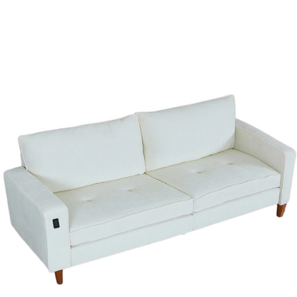 Beige chenille loveseat with tufted back, square arms, wooden legs, USB charging ports, and removable washable cushions—ideal for modern and transitional living spaces

