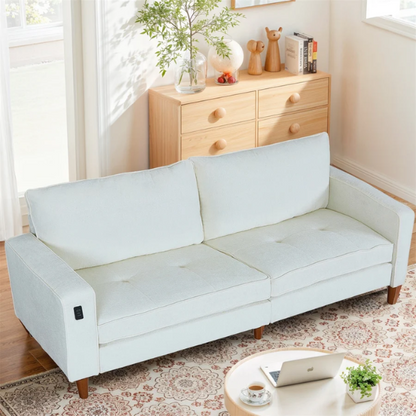 Beige chenille loveseat with tufted back, square arms, wooden legs, USB charging ports, and removable washable cushions—ideal for modern and transitional living spaces

