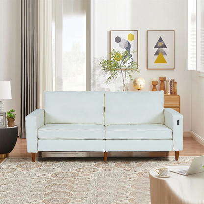 Beige chenille loveseat with tufted back, square arms, wooden legs, USB charging ports, and removable washable cushions—ideal for modern and transitional living spaces

